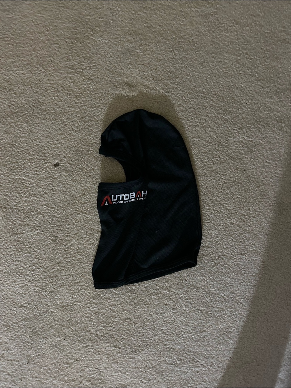 Black Racing Balaclava ski mask with red and white wording printed on
